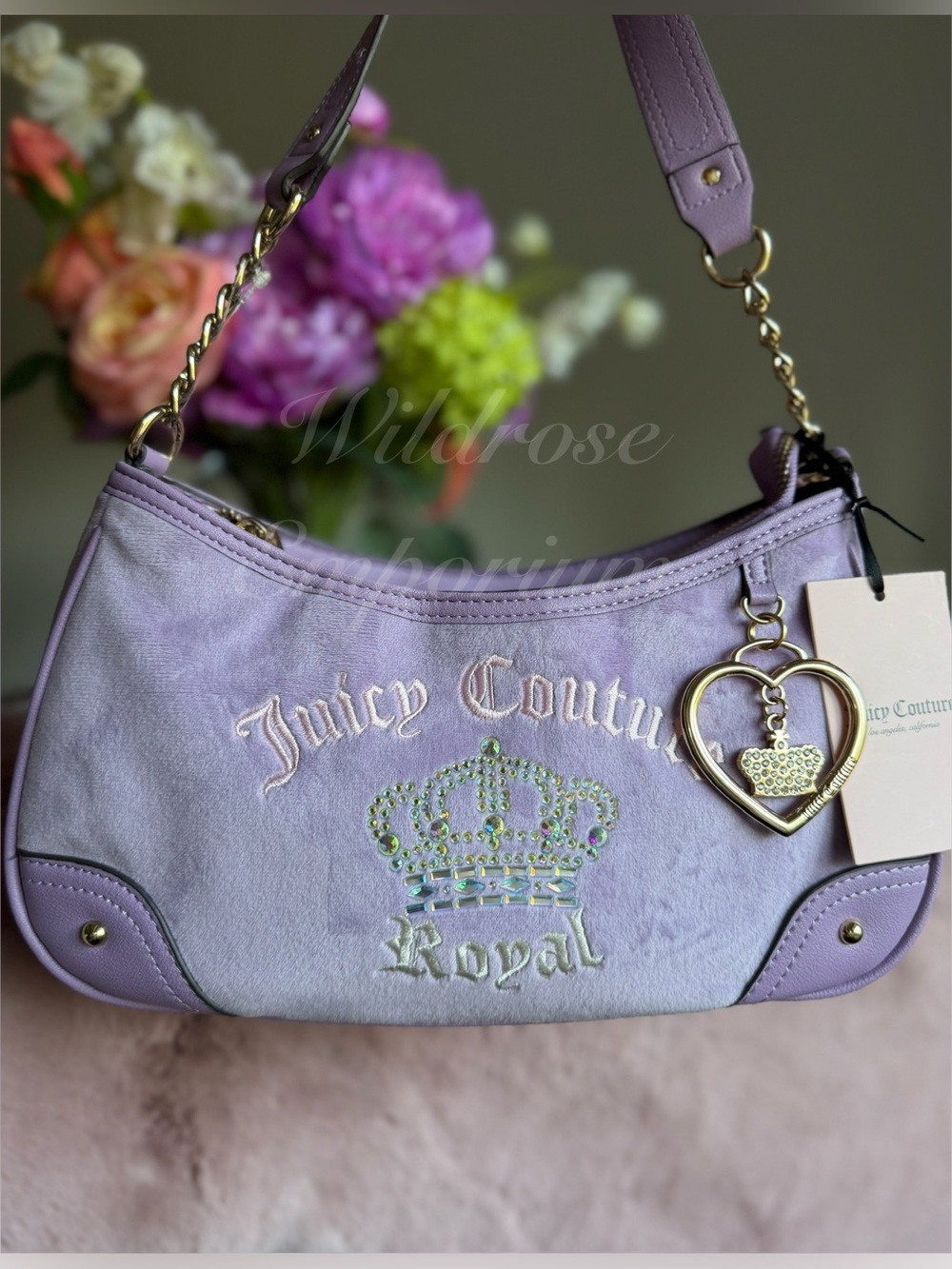 Juicy Couture ‘juicy kingdom’ lavender shoulder bag purse rhinestone crown heart